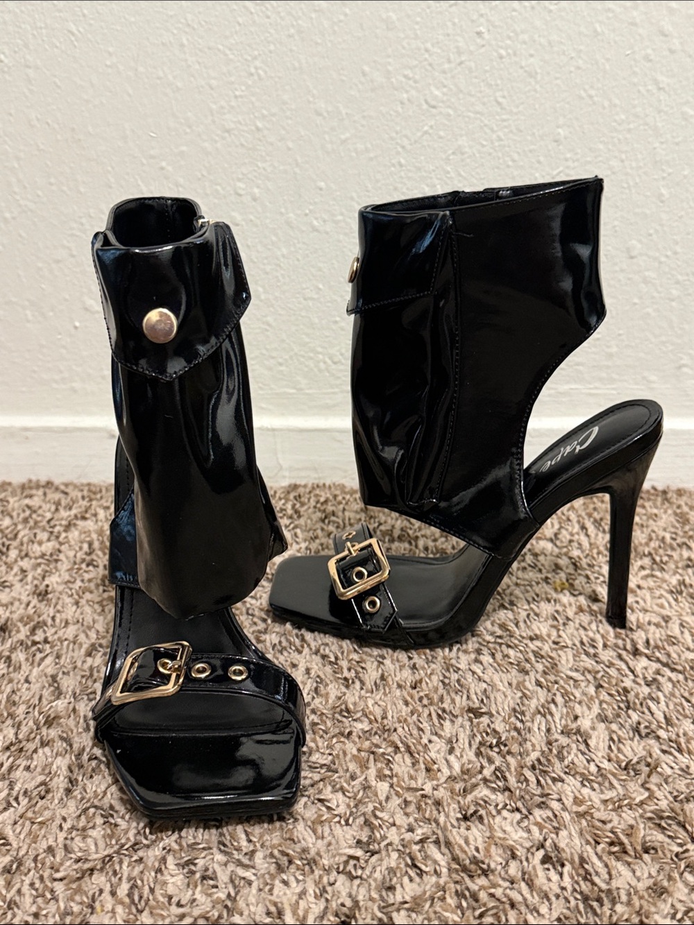 Cape Robbin Black Patent Stiletto Sandals with Gold Buckles
